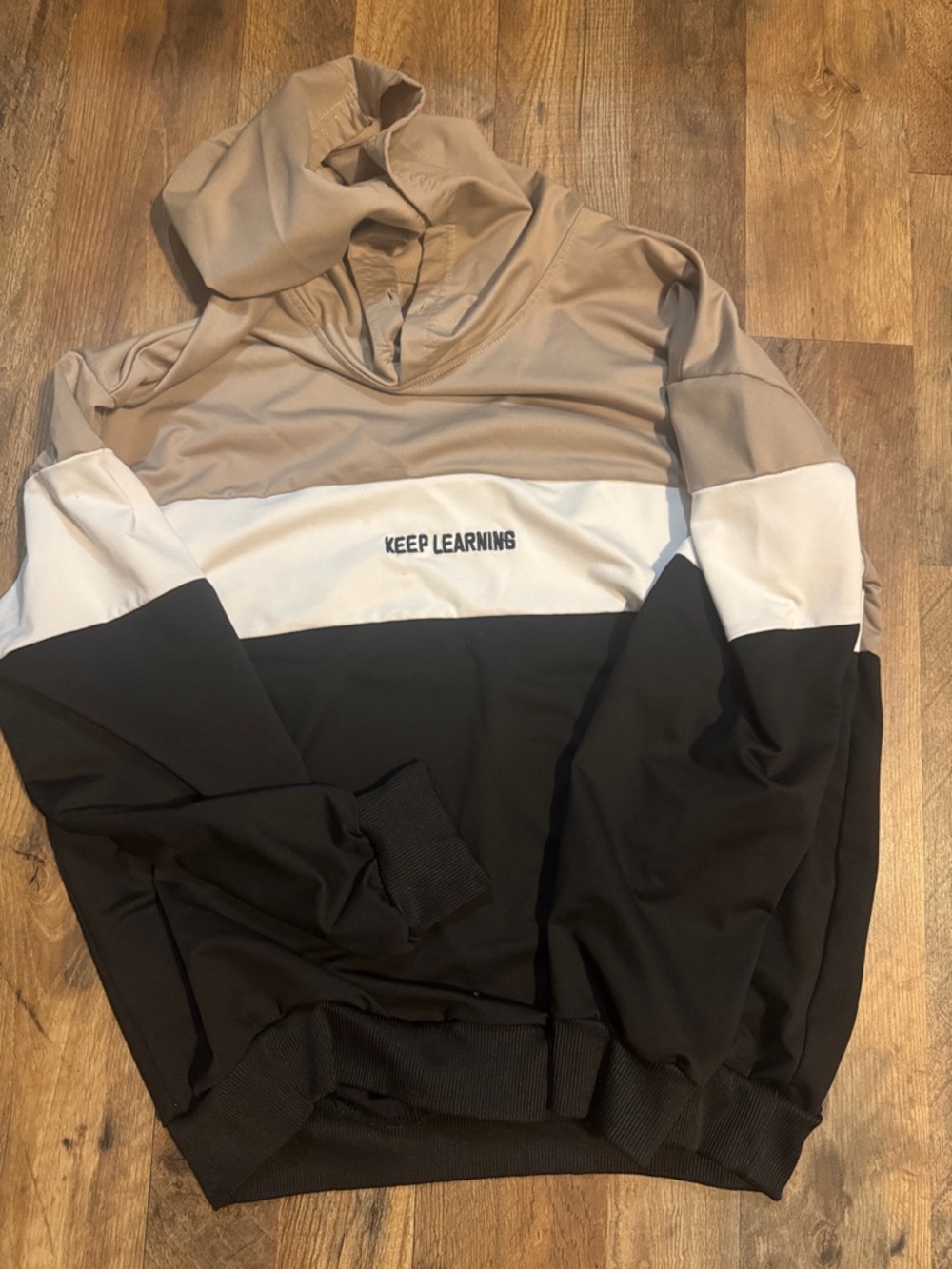 Colorblock "Keep Learning" Hoodie - Beige, White, Black